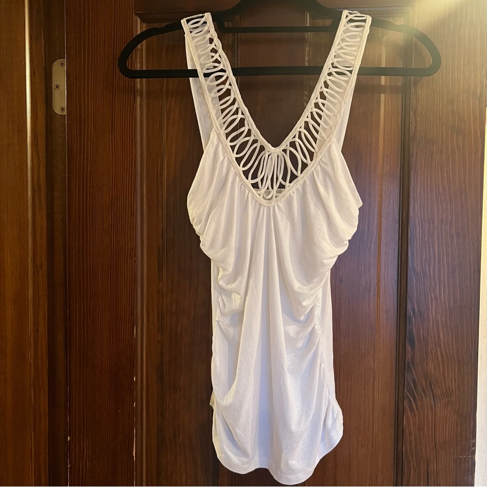 White ruched tank with decorative neckline